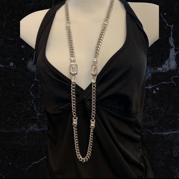 Givenchy Chunky Silver Link Crystal 42" Y2K Necklace - Picture 1 of 6